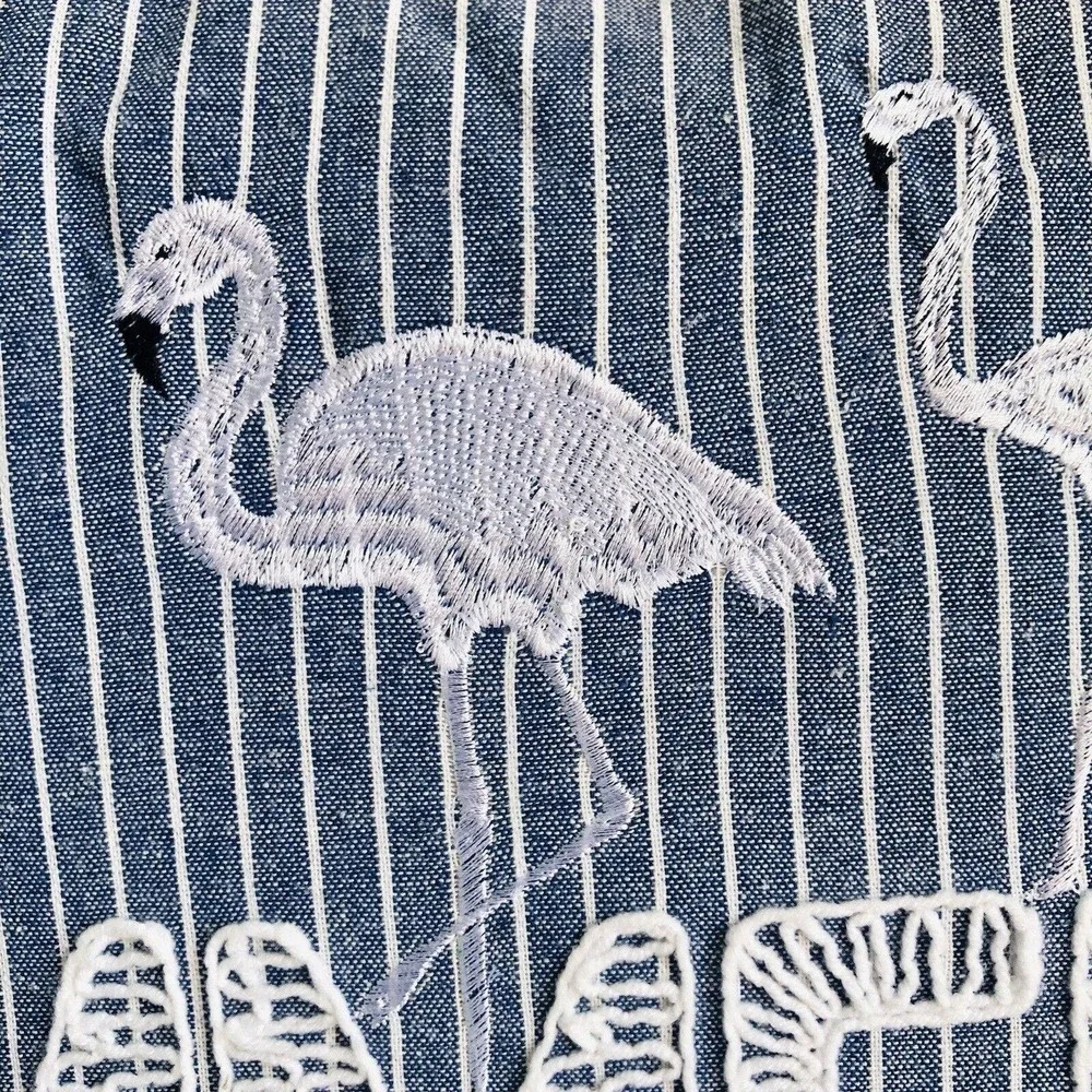 SECRET CELEBRITY 15” X 21” Blue White Decor pillow embroidered Summer Flamingos
